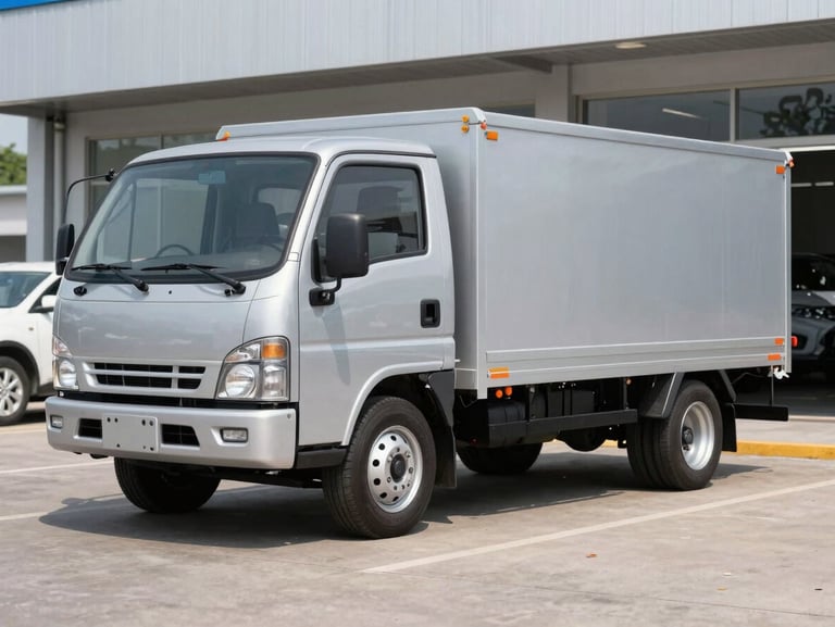 Three-quarter view of a clean silver light-duty work truck parked on a clean lot, bright daylight, 35mm lens