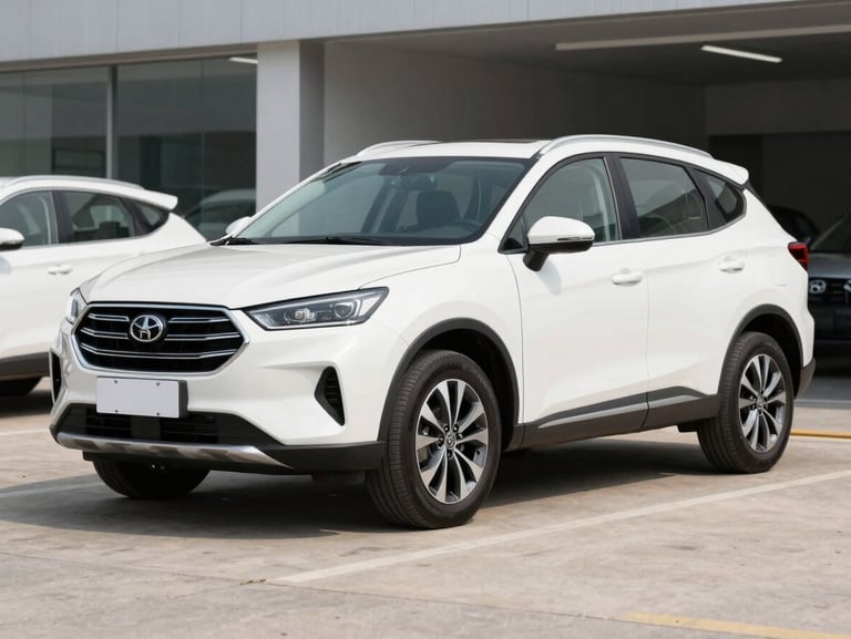 Three-quarter view of a clean white midsize SUV parked on concrete under soft daylight, 35mm lens