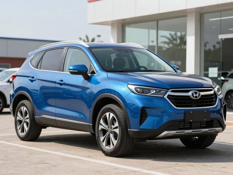 Three-quarter view of a reliable blue compact SUV parked on a clean dealership lot, bright natural daylight, 35mm lens