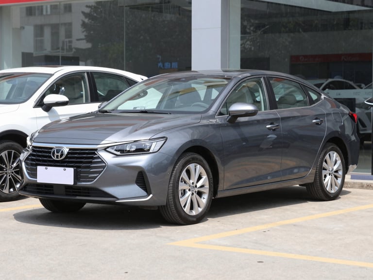Three-quarter view of a clean gray family sedan parked on a clean dealership lot, bright natural daylight, 35mm lens