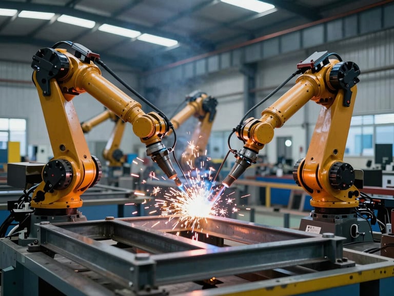 Industrial shop floor view of robotic welding arms working on heavy steel frames, cool blue overhead lighting with bright orange sparks flying
