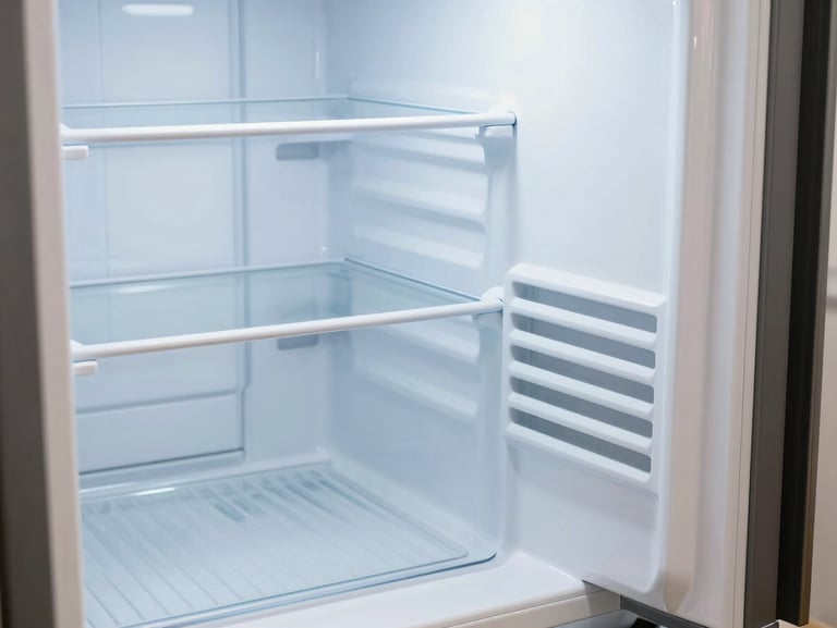 A clean, modern refrigerator interior with crisp lighting, focusing on the rear cooling vents, sharp and detailed.