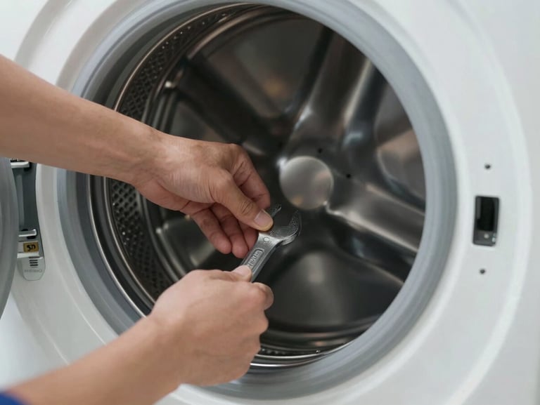 A technician adjusting the drum alignment of a front-loading washing machine, clean hands holding a wrench, bright natural light.
