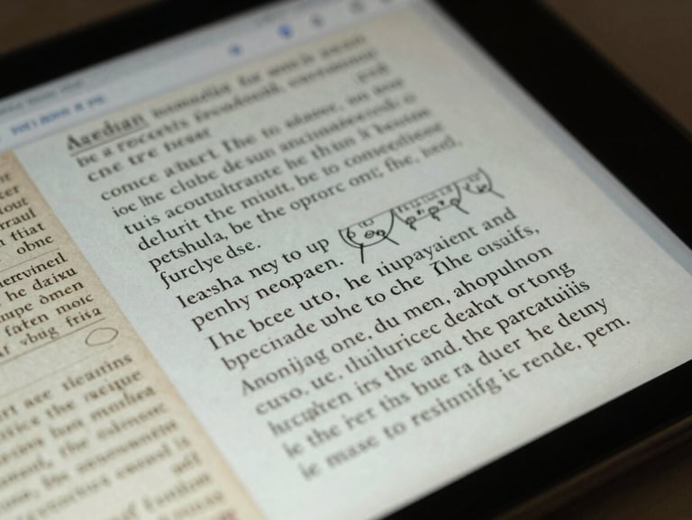Macro close-up of a digital interface showing scholarly manuscript annotations, cool-toned lab lighting, high-contrast text.