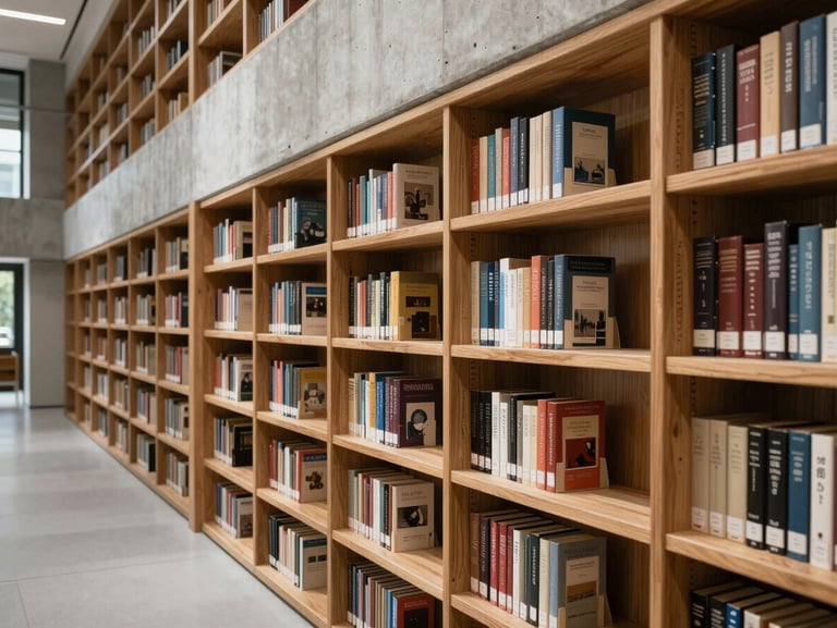 Architectural lines of a modern research library, concrete and oak shelves, soft natural light.
