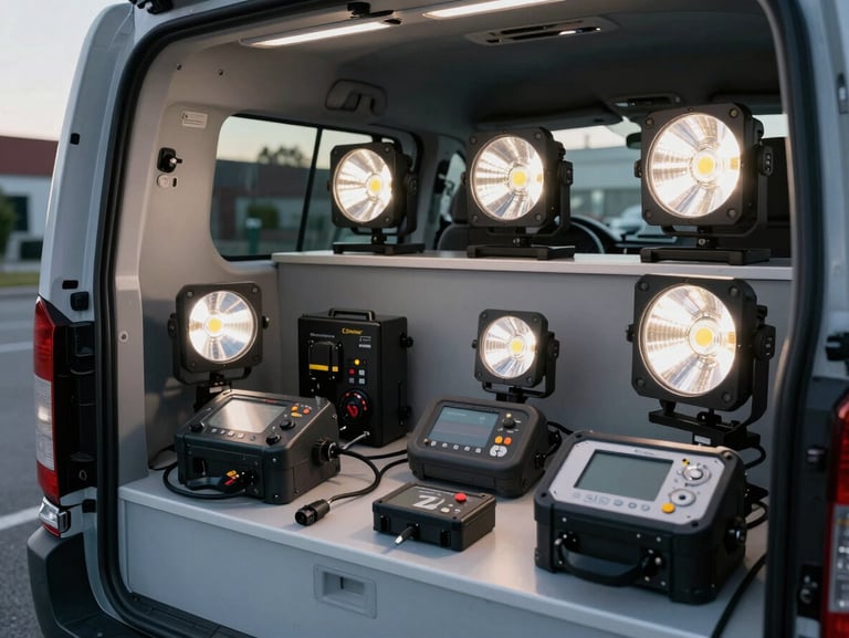 Crisp LED work lights illuminating a clean, organized mobile service van interior, specialized diagnostic tools arranged neatly, natural evening light in Montreal.