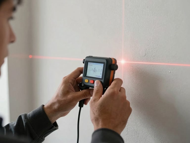 Close-up action shot of a technician's hands using a digital laser measure against a clean, newly finished structural wall, bright work light, sharp focus.
