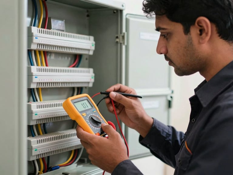 Close-up of a site-certified engineer in a dark uniform inspecting a neatly routed electrical distribution board with a digital multimeter in a bright Bengaluru apartment.