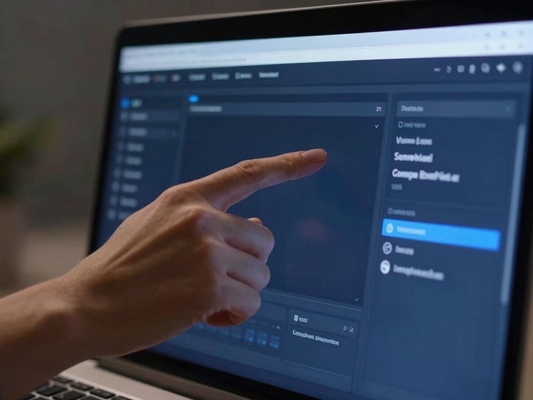 Close-up of hands interacting with a clean software interface on a modern screen, cool daylight, deep navy tones