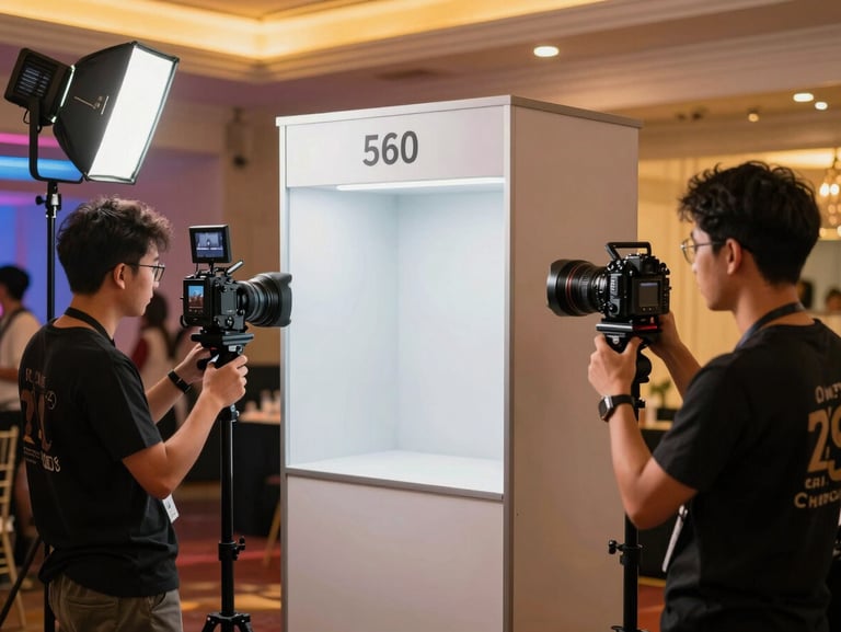 Behind the scenes of an event setup, technicians testing a 360 video booth, professional lighting, crisp details, 35mm