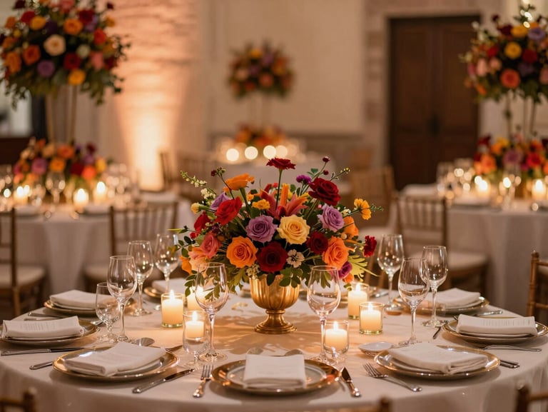 High-end wedding table setup in Torreón, custom floral arrangements, elegant glassware, warm ambient candle light, 35mm