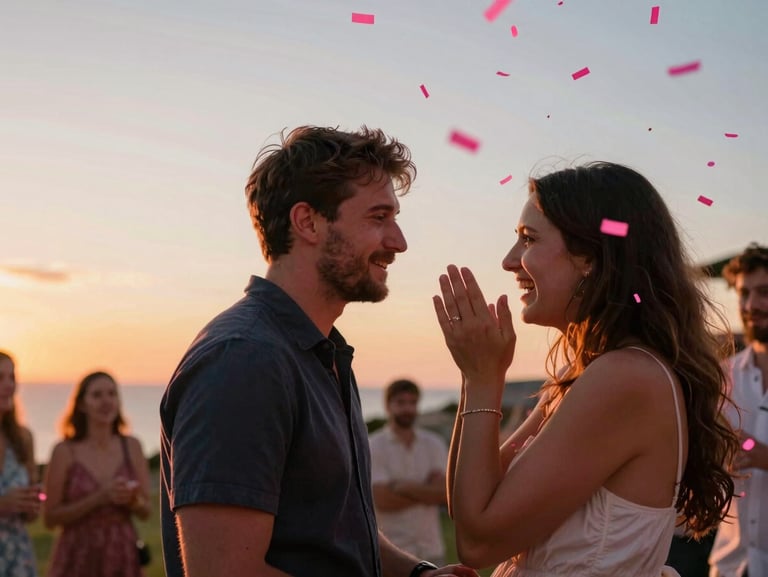 Emotional reaction of a couple during a gender reveal party, pink confetti falling, warm sunset light, 35mm