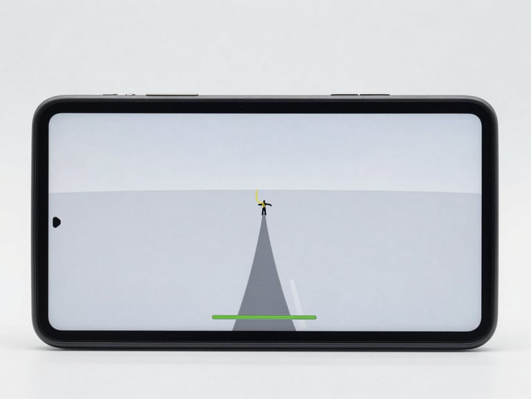 Macro shot of an Android screen showing a minimalist space shooter game, fluid mechanics, clean product-centric composition