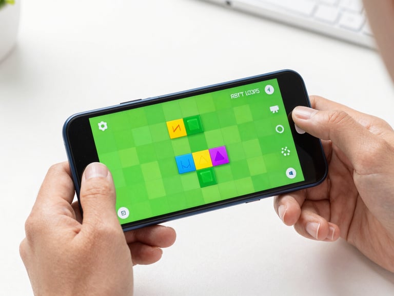 Crisp product photography of hands playing a colorful physics puzzle game on an Android phone, vibrant green blocks, bright studio lighting, 50mm lens
