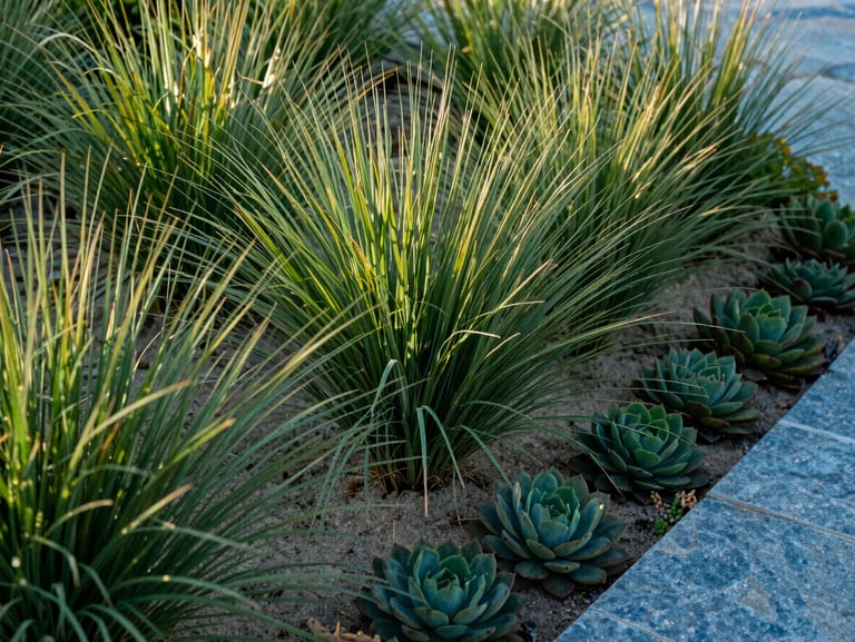Close-up of a coastal garden edge in natural morning light — compact salt-tolerant ornamental grasses and low succulents planted in sandy amended soil beside a bluestone paver border, texture of plant foliage clearly visible, no people