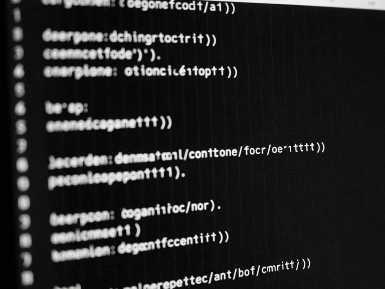 Close-up of clean code lines glowing faintly on an ultra-dark monitor, sharp vertical lines, dramatic low-key lighting