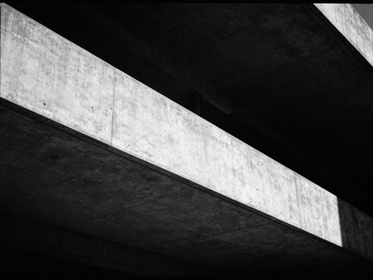 Stark monochrome architectural detail of a concrete cantilever structure, sharp shadows, dramatic low-key lighting, 35mm film