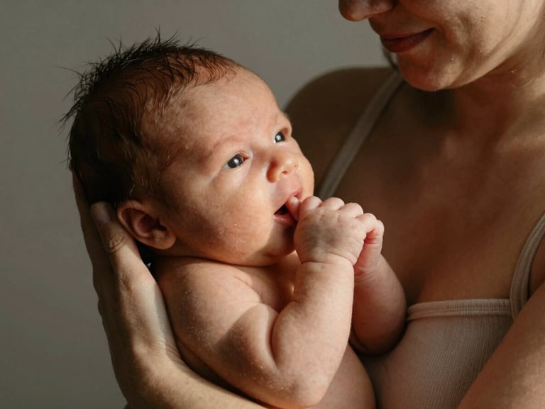 A warm, natural light portrait of a mother holding her newborn baby, soft directional studio light, deep natural shadows, focus on the baby's tiny hand clutching her finger