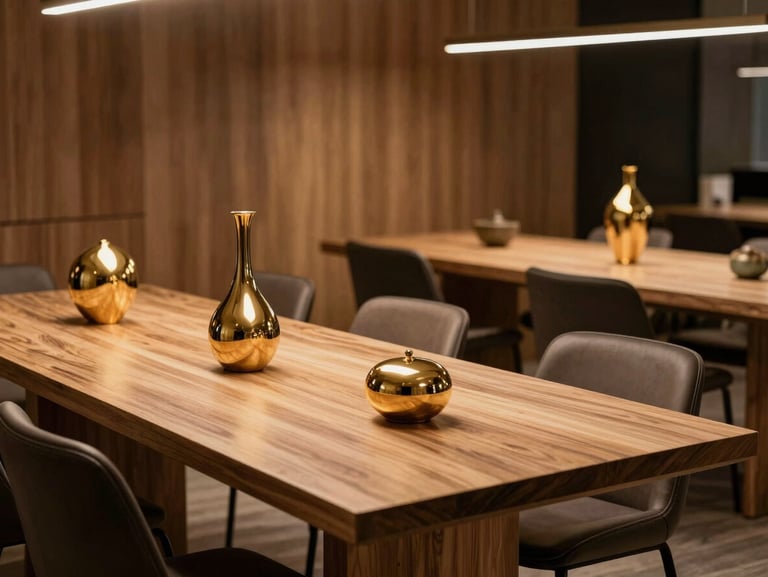 Modern ve lüks bir ofis toplantı odası, ahşap ve deri detaylar, arka planda loş ışıkta parıldayan altın renkli asil dekoratif objeler.