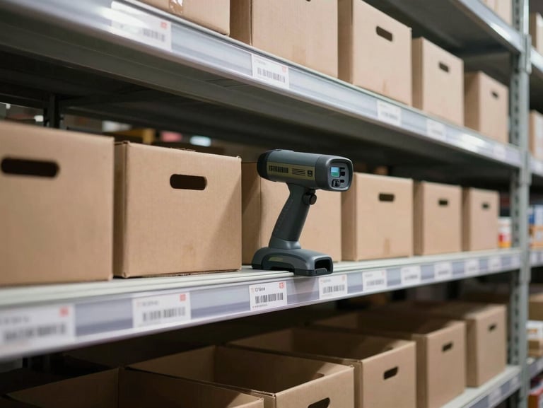 Close-up overhead shot of a warehouse stockroom with organized shelf labels and inventory bins, Indonesian distribution center under fluorescent work-shift lighting, barcode scanner resting on a shelf edge, rows of product cartons visible, no people