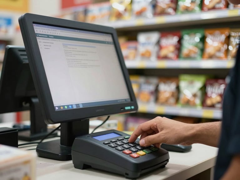 Close-up of a retail point-of-sale terminal screen mid-transaction in an Indonesian store, cashier's hand on the keypad, shelves of packaged goods visible in soft background focus, fluorescent work lighting