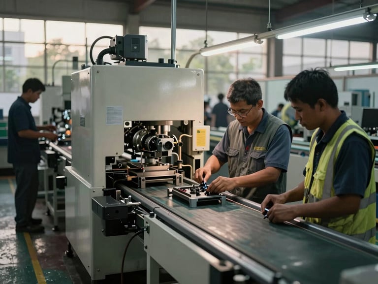 Factory production line in an Indonesian manufacturing facility, machinery mid-operation assembling components, workers in safety gear monitoring conveyor belt, dawn-shift fluorescent and natural light through high windows