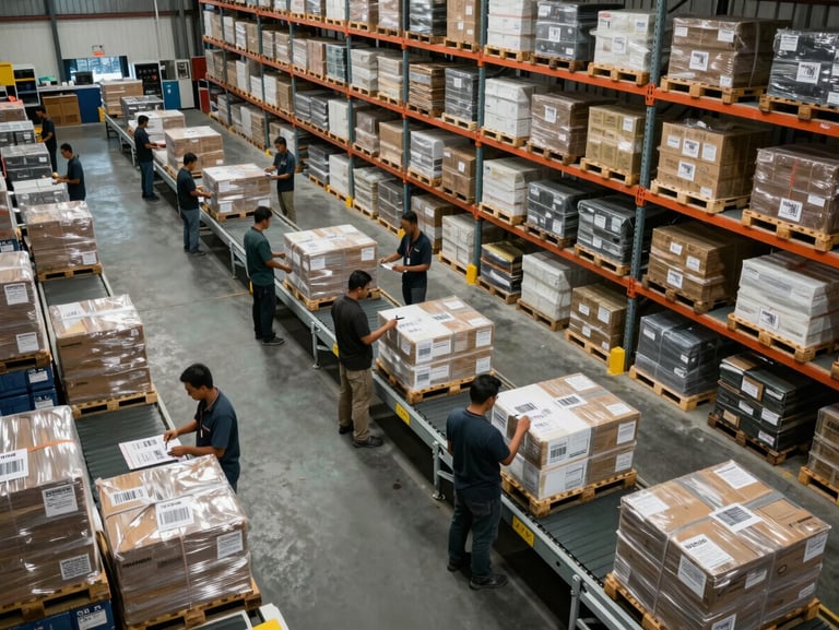 Wide overhead shot of an Indonesian distribution warehouse floor, workers scanning barcodes on palletized goods under fluorescent lighting, conveyor tracks and labeled storage racks visible across the frame