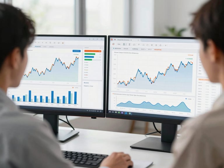 Over-the-shoulder view of a clean financial dashboard displaying cash flow charts on dual monitors in a bright, modern office with natural window light.