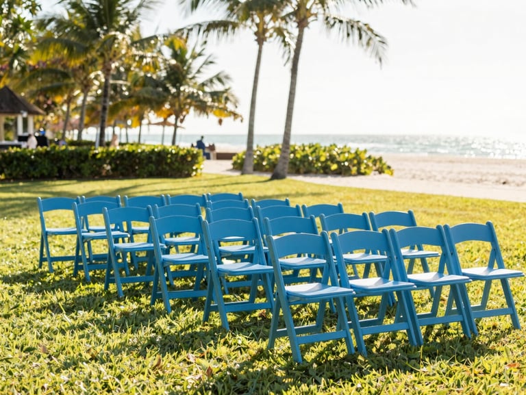 A vibrant outdoor wedding reception on a sunlit Florida lawn, clean blue folding chairs arranged neatly, warm golden hour light