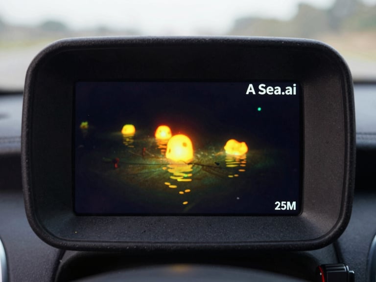 A Sea.ai thermal night vision camera feed displayed on a modern helm screen, showing clear heat signatures of obstacles in dark water