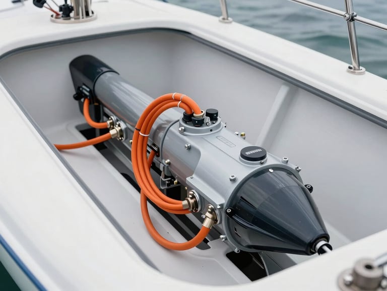 A clean, modern Water World electric propulsion motor installation in a sailboat bilge, organized orange cabling