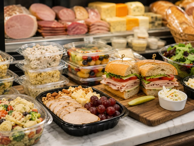 Deli display with fresh turkey sandwiches, pasta salads, fruit cups, and sliced meats.