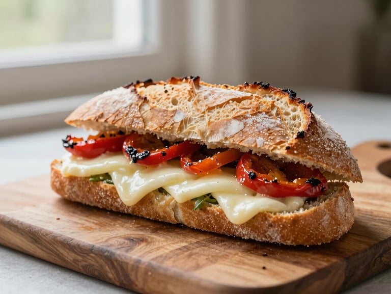 A rustic sandwich with melted provolone and roasted peppers on crusty Italian bread, sliced in half on a wooden cutting board, soft window light.