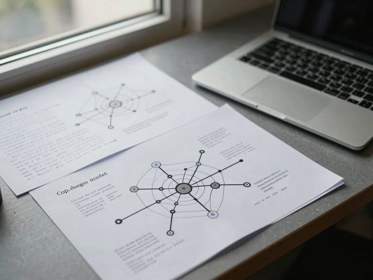 Angled overhead view of a work table with printed network topology diagrams and handwritten assessment notes spread across the surface, a closed laptop to one side, under diffuse natural daylight from a nearby window