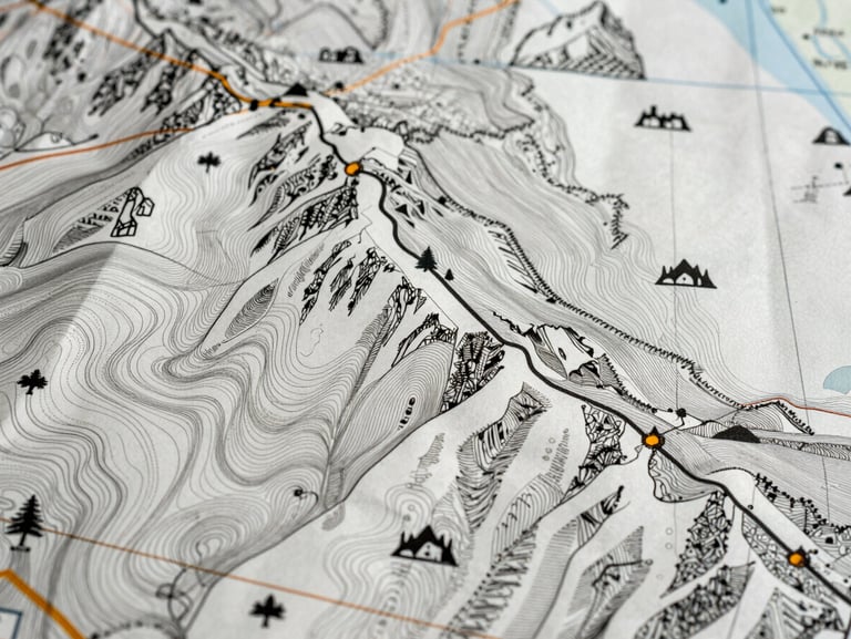 Close-up of fine cartographic line work showing contour intervals and custom mountain icons on a mountain resort map, natural light.