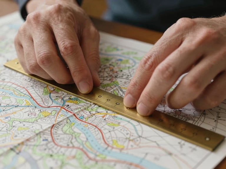 Hands carefully aligning a brass parallel ruler over a detailed topographic map sheet, warm studio lighting, macro focus.
