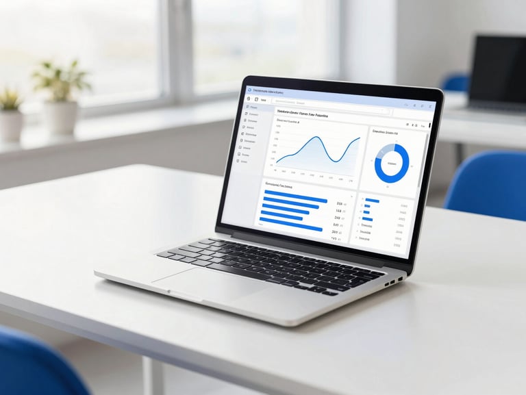 Bright modern office desk with a laptop showing a clean analytics dashboard, soft natural daylight, royal blue accents.
