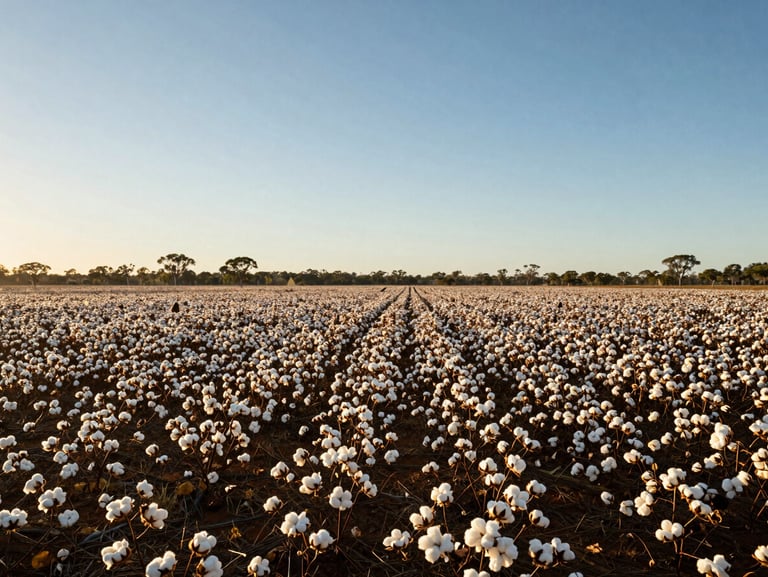 Wide environmental view of a sunlit Australian cotton field under a clear blue sky, warm golden light, expansive horizon with soft green eucalyptus trees in the far distance.