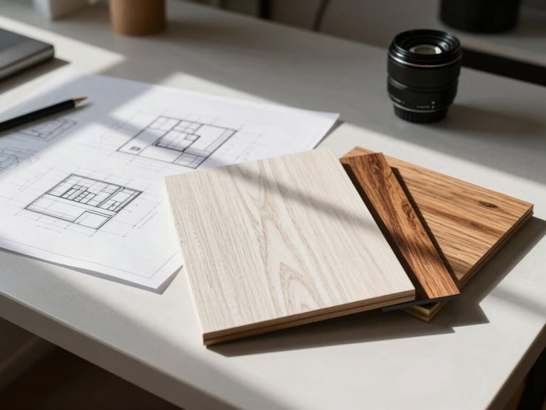 A clean, modern workspace with architectural drawings, samples of white oak and mesquite wood, and natural light streaming across the desk
