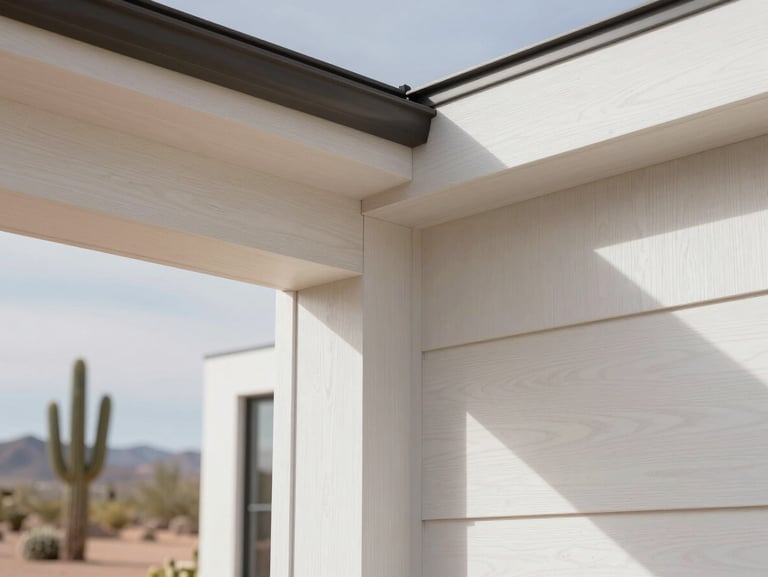 Close-up of custom white oak millwork and clean joinery in a modern desert home, bright natural Arizona daylight.