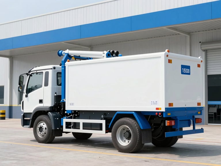 A heavy-duty truck-mounted vacuum unit parked outside a modern commercial facility, clean sterile blue and white tones, crisp focus, 35mm