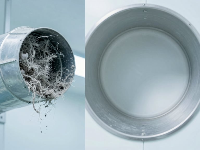 A split-screen macro photograph: the left half shows an air duct choked with thick grey lint and dust; the right half shows a completely cleared, sterile metallic duct interior, bright clean utility lighting
