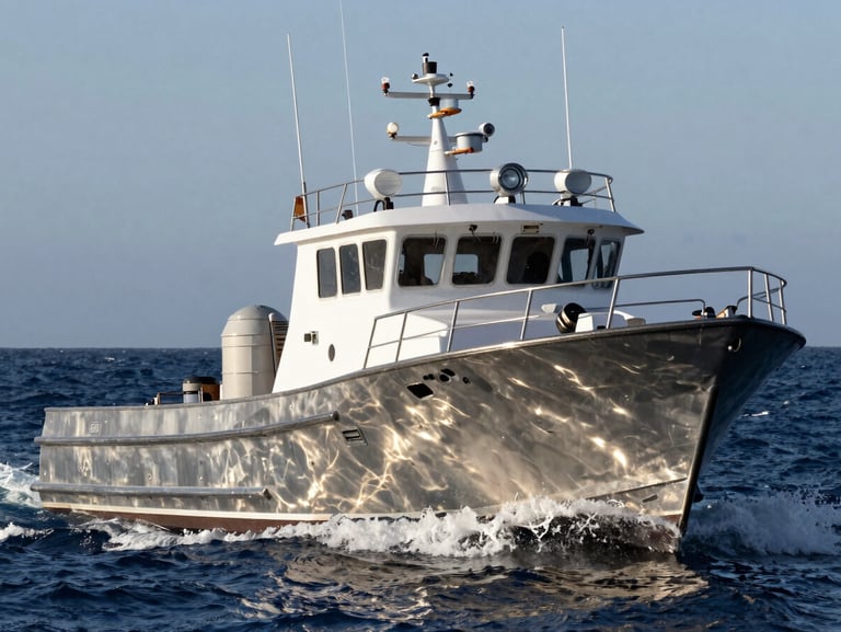The Blue Girl utility boat maneuvering through open offshore waters, with high-contrast industrial work lights reflecting off the steel hull.
