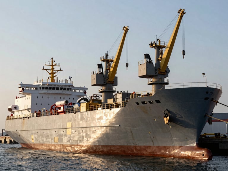Industrial profile of the Iron Wall vessel docked at a deepwater port, showing heavy deck machinery and high-visibility rigging under cold morning light.