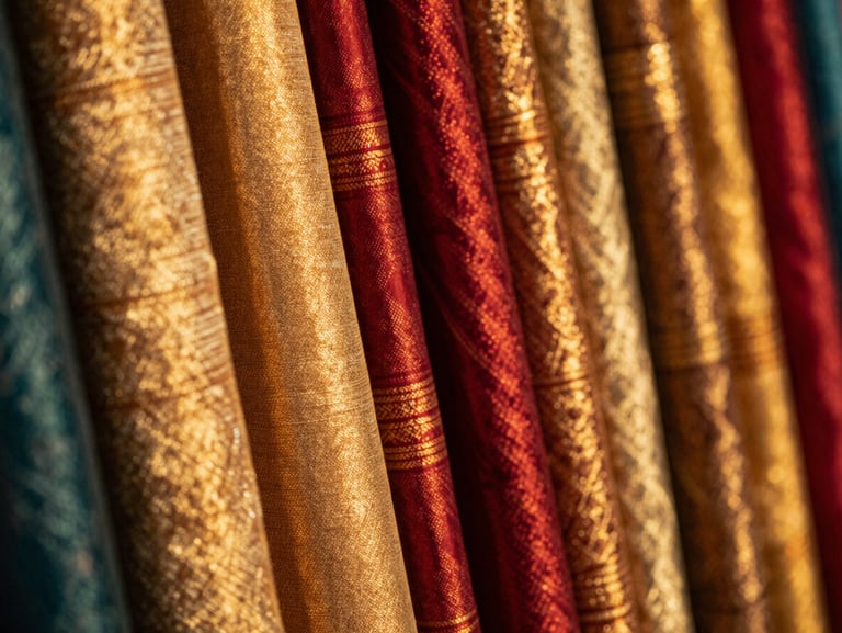 Atmospheric close up of colorful Thai silk fabrics, rich textures, warm gold tones
