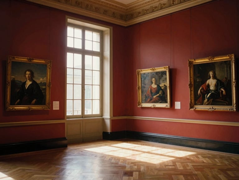 Sunlight filtering through the windows of a quiet French museum gallery, oil paintings on walls, elegant editorial mood