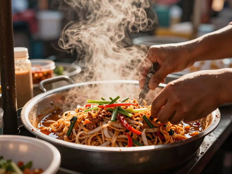 Close-up of steam rising from a local street food stall in Chiang Mai, hands preparing fresh pad thai, warm ambient market lighting, authentic details.