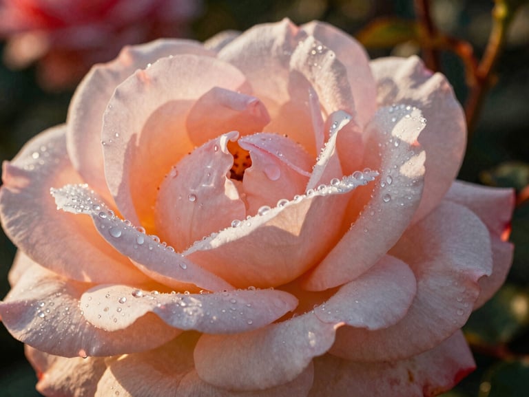 Close-up of delicate dew drops on a pale pink rose petal in a French country garden, morning light, shallow depth of field