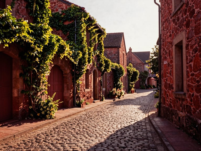 A narrow cobblestone street in a medieval French village, climbing ivy on stone walls, soft morning sun casting long shadows.