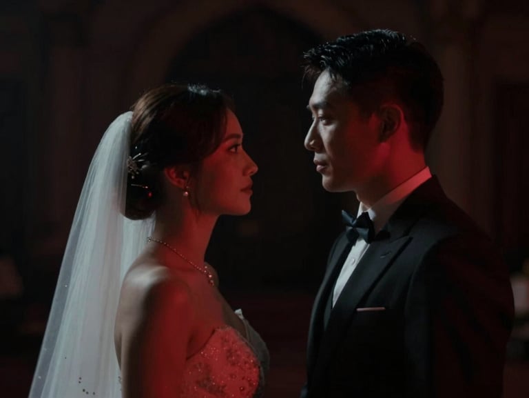 Dramatic cinematic wedding film frame, low-key lighting, intentional motion blur, intense look, anamorphic lens, 35mm